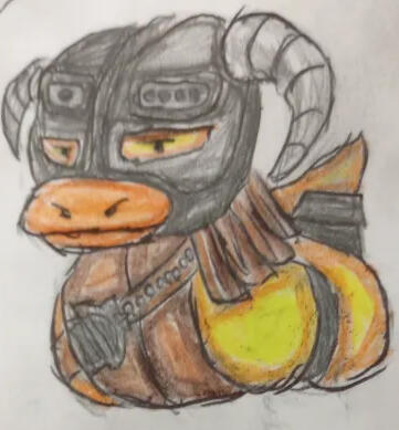 A rubber duck with a similar appearance to that of Skyrim's Dragonborn.